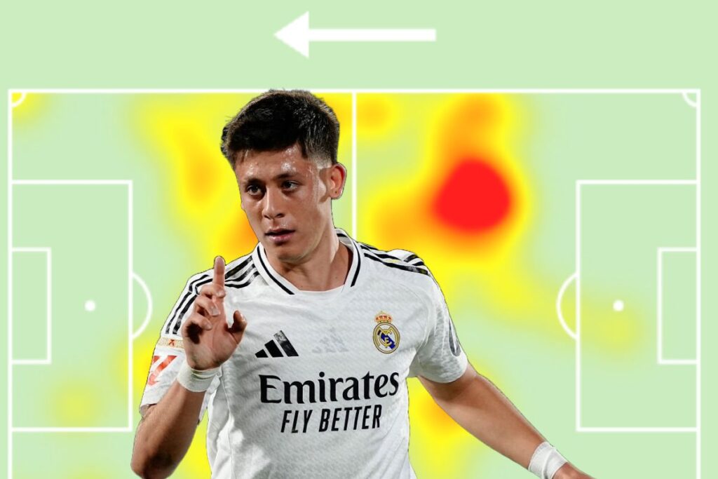 Arda Güler celebrando su gol al Getafe y detrás el mapa del calor