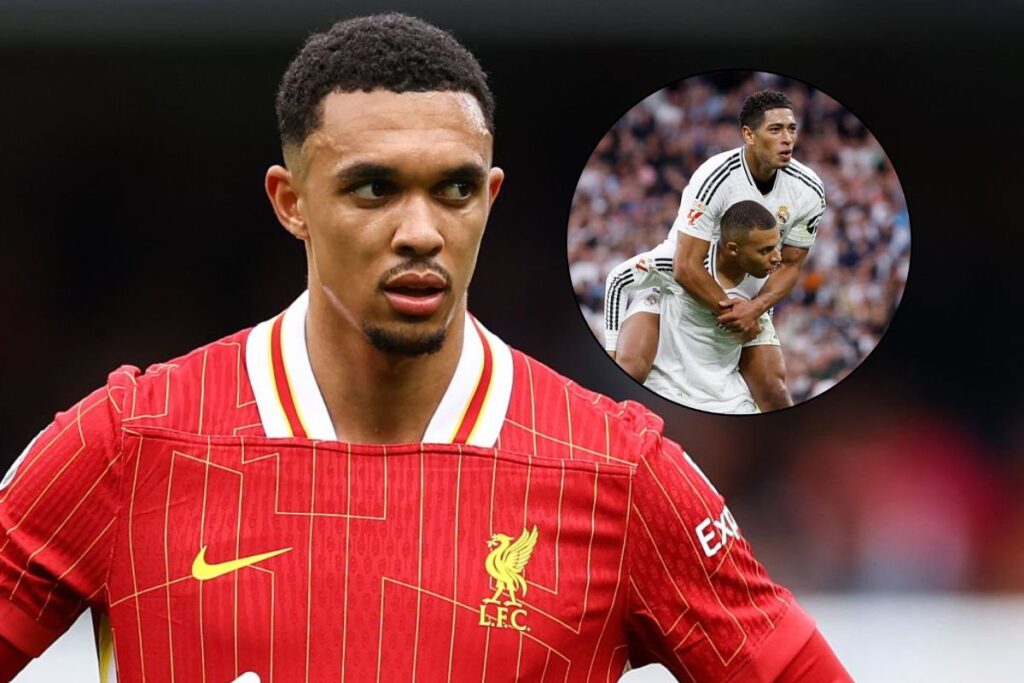 Mbappé reacciona al adiós de Arnold al Liverpool Arnold y al lado un círculo con Bellingham y Mbappé celebrando un gol