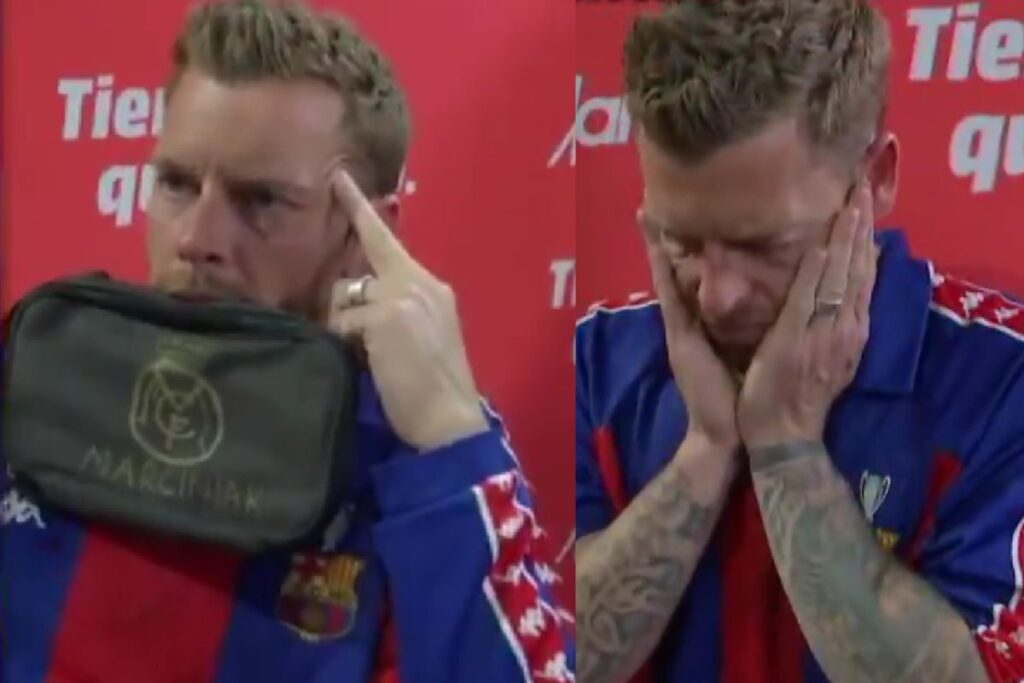 La reacción de Jota Jordi: de provocar al Madrid a acabar llorando Jota Jordi con un neceser del Madrid y llorando al lado