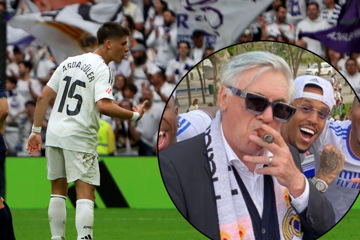 Arda celebrando un gol en el Bernabéu y al lado Ancelotti con un puro