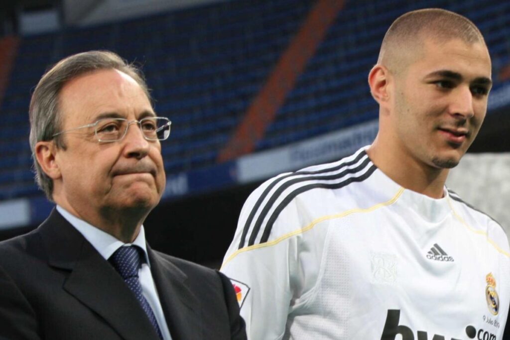 Florentino con Benzema en el día de su presentación