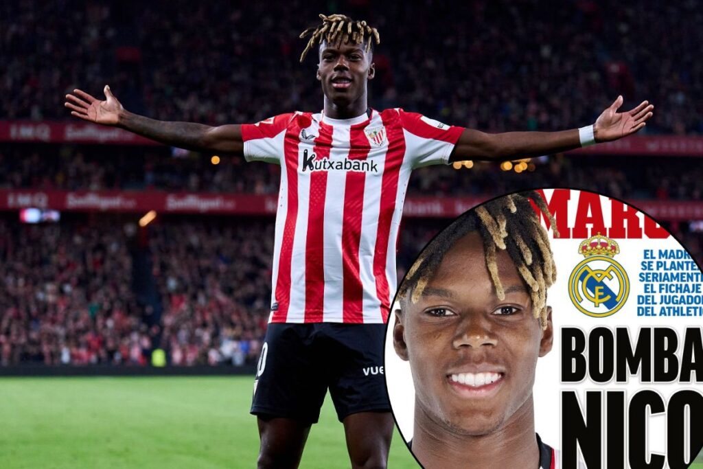 Nico Williams celebrando un gol y la portada de Marca al lado