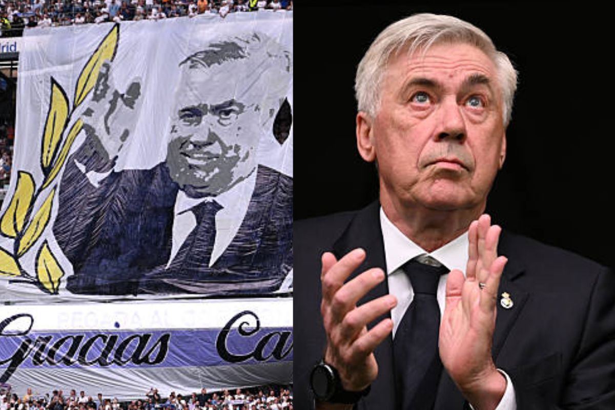 Ancelotti aplaudiendo y al lado su pancarta de homenaje