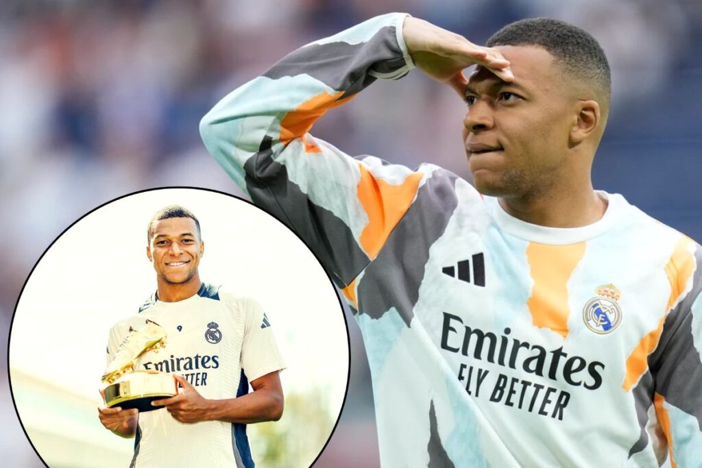 Mbappé y al lado Mbappé con una bota de oro