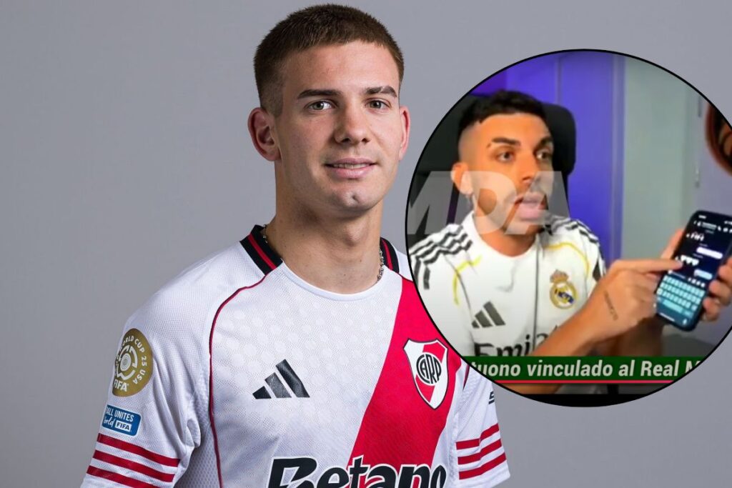 Franco Mastantuono con River y en un círculo DjMaRiiO hablando por mensajes con él