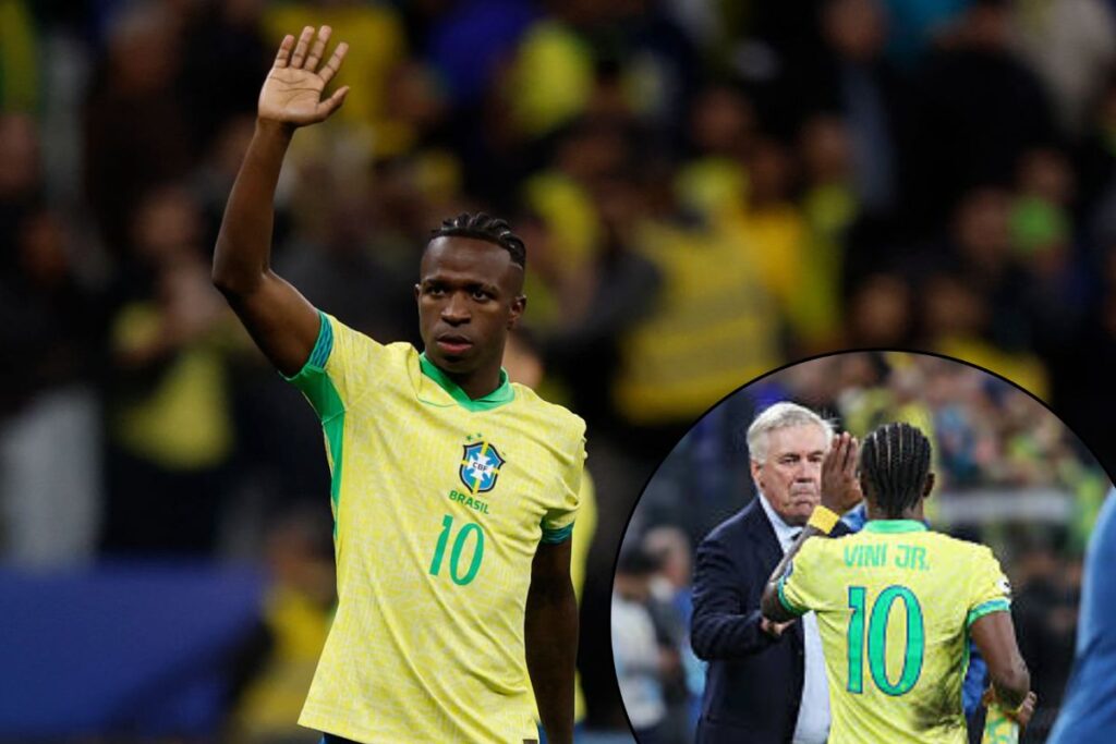 Vinicius saludando con Brasil y debajo un círculo abrazándose con Ancelotti