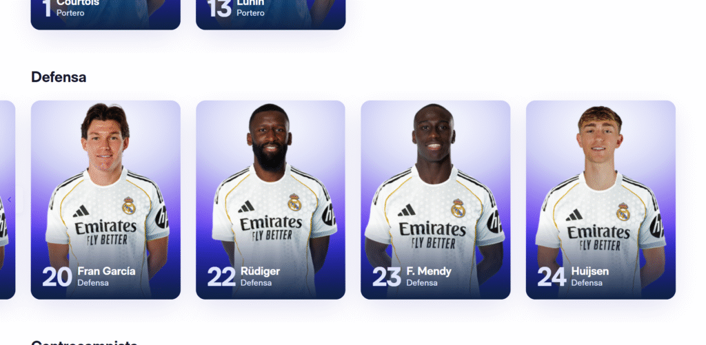 Las fichas de los jugadores del Real Madrid en la web