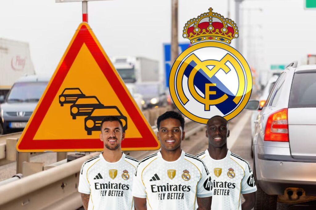 Señal de atasco, escudo del Real Madrid y Rodrygo, Ceballos y Mendy
