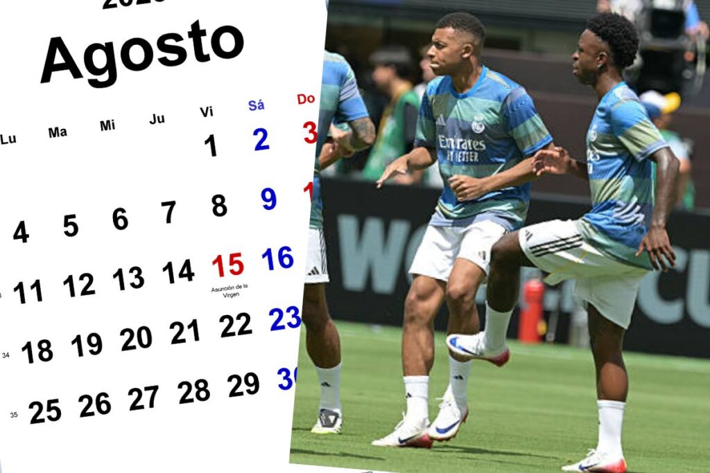 Al lado derecho el Real Madrid entrenando en el Mundial y al izquierdo un calendario del mes de agosto