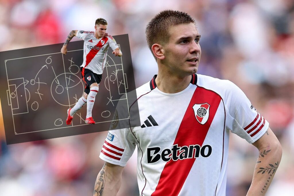 Franco Mastantuono y al lado el sistema de juego