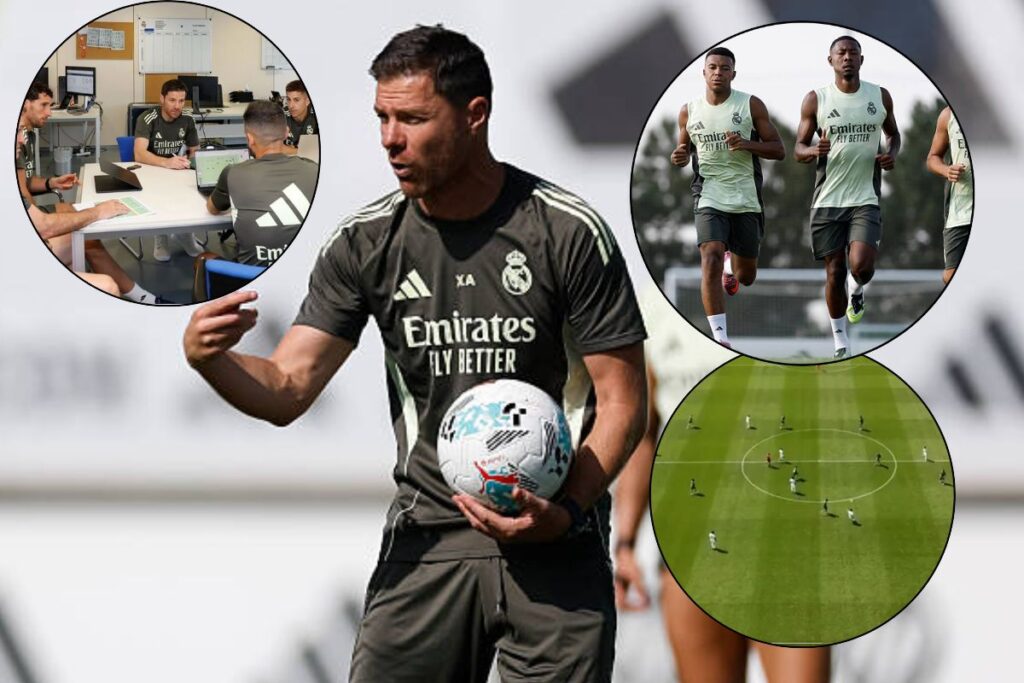 Xabi dando indicaciones y al lado varios círculos con el trabajo en Valdebebas
