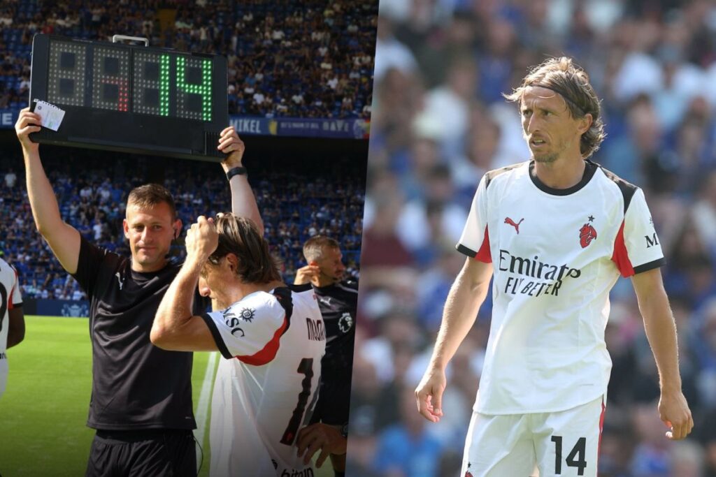 Modric entrando al campo con el Milan y al lado un momento en el partido