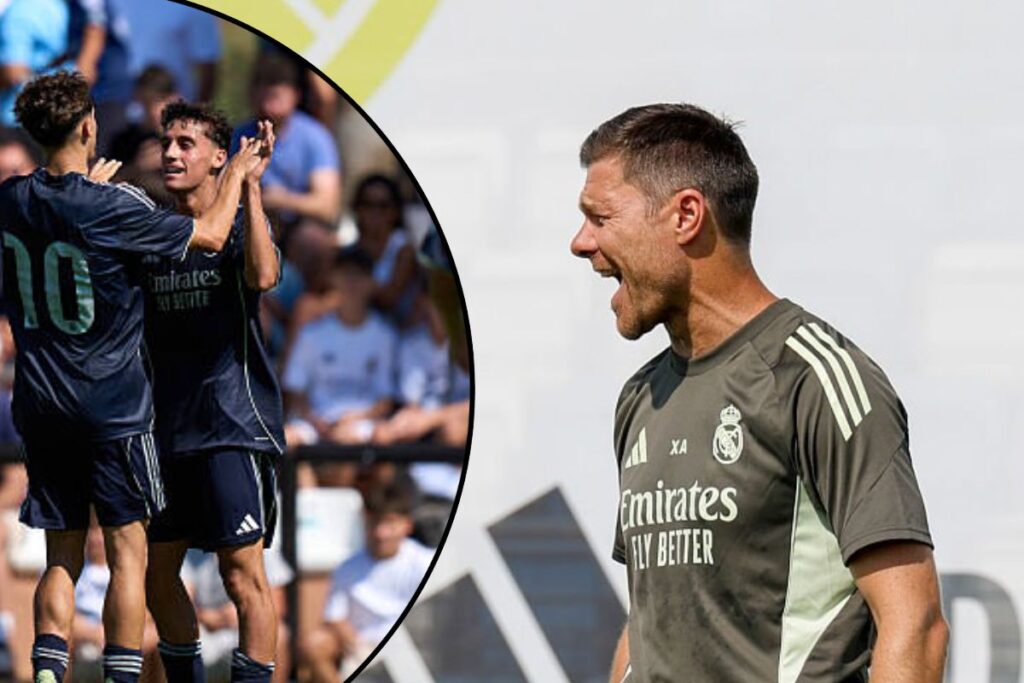 Xabi dando indicaciones y al lado un círculo con jugadores del Castilla