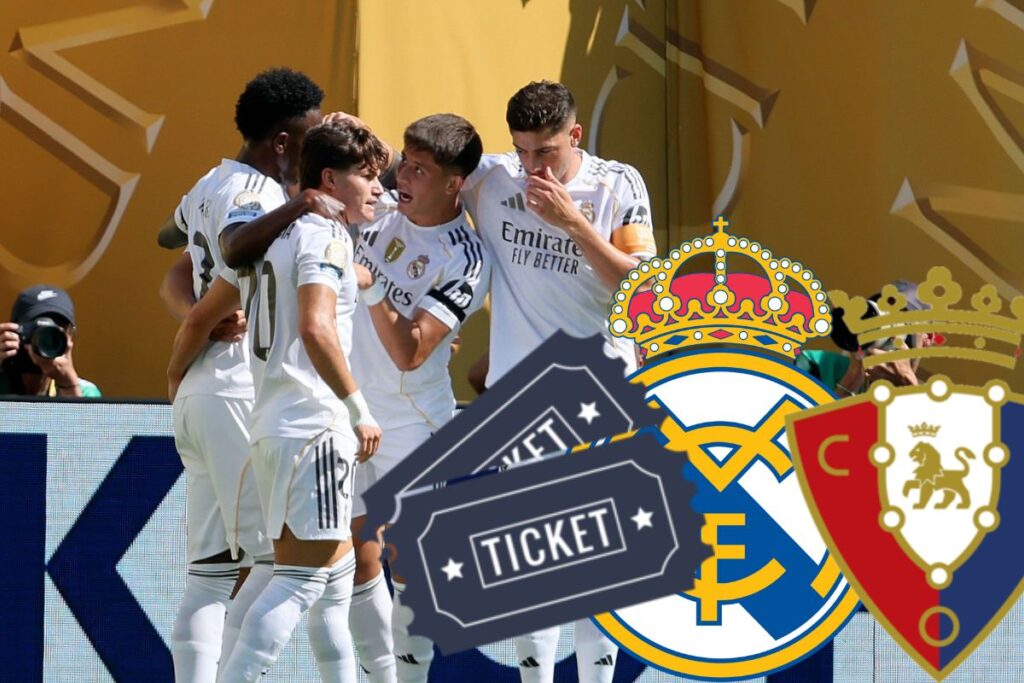 El Real Madrid celebrando un gol y al lado escudos y tickets del Real Madrid-Osasuna